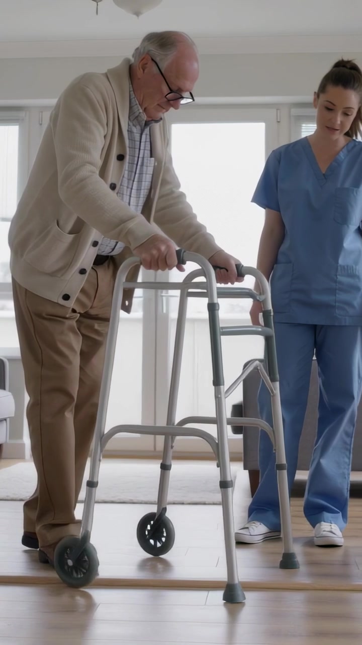 Video vertical: Hombre agarrando un andador, levantándolo sobre el umbral en casa para rehabilitación, con un cuidador en uniforme médico.