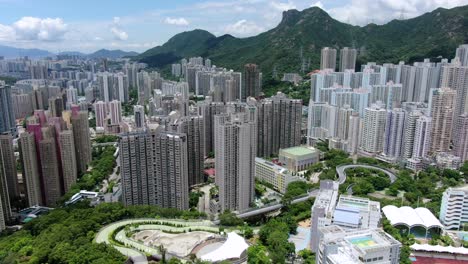 Mega-residential-buildings-in-downtown-Hong-Kong,-Aerial-view