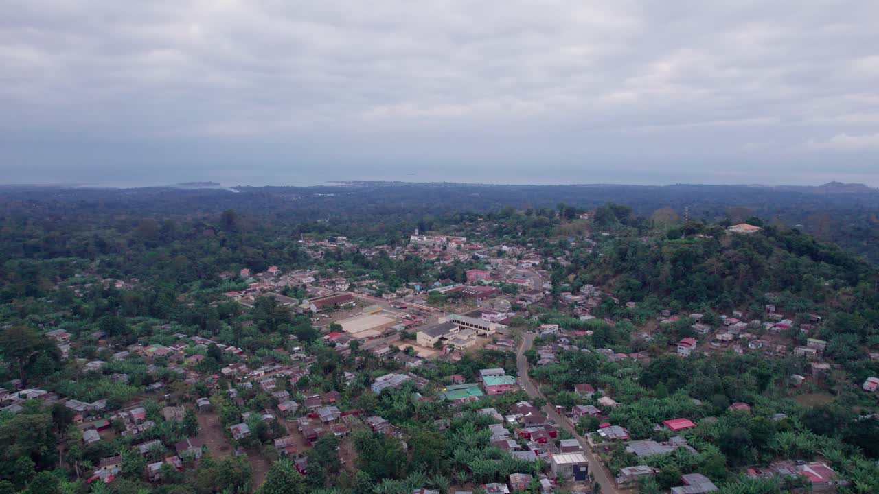 Aerial view of São Tomé Countryside with buildings and roads in São Tomé and Principe
