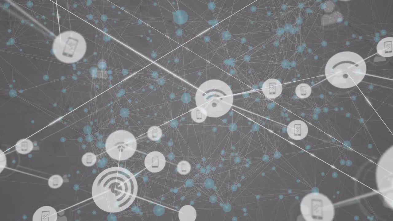 Animation of growing network of media and wifi icons transferring data over connected green hubs