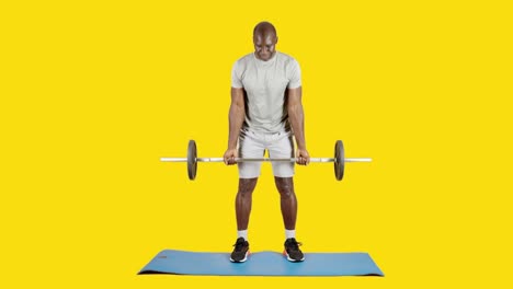 african man doing curl biceps with bar with weights