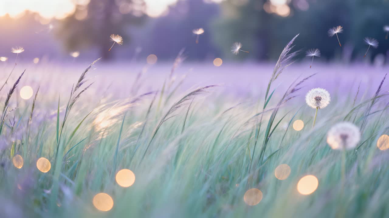 Swaying tall grasses and dandelion seed heads bending in meadow, gentle breeze releasing seeds