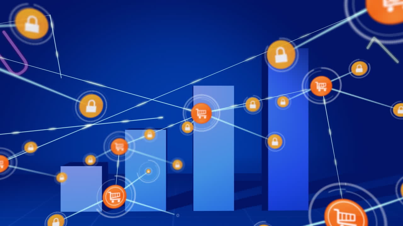 animación de la red de iconos digitales y procesamiento de datos estadísticos contra un fondo azul