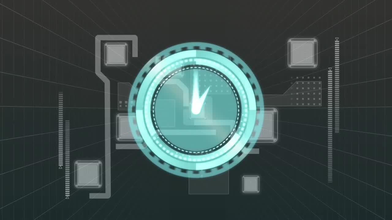 animación del reloj sobre la red informática y el procesamiento de datos sobre fondo negro