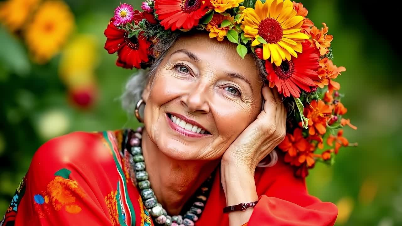 A woman with a flower crown on her head smiles at the camera