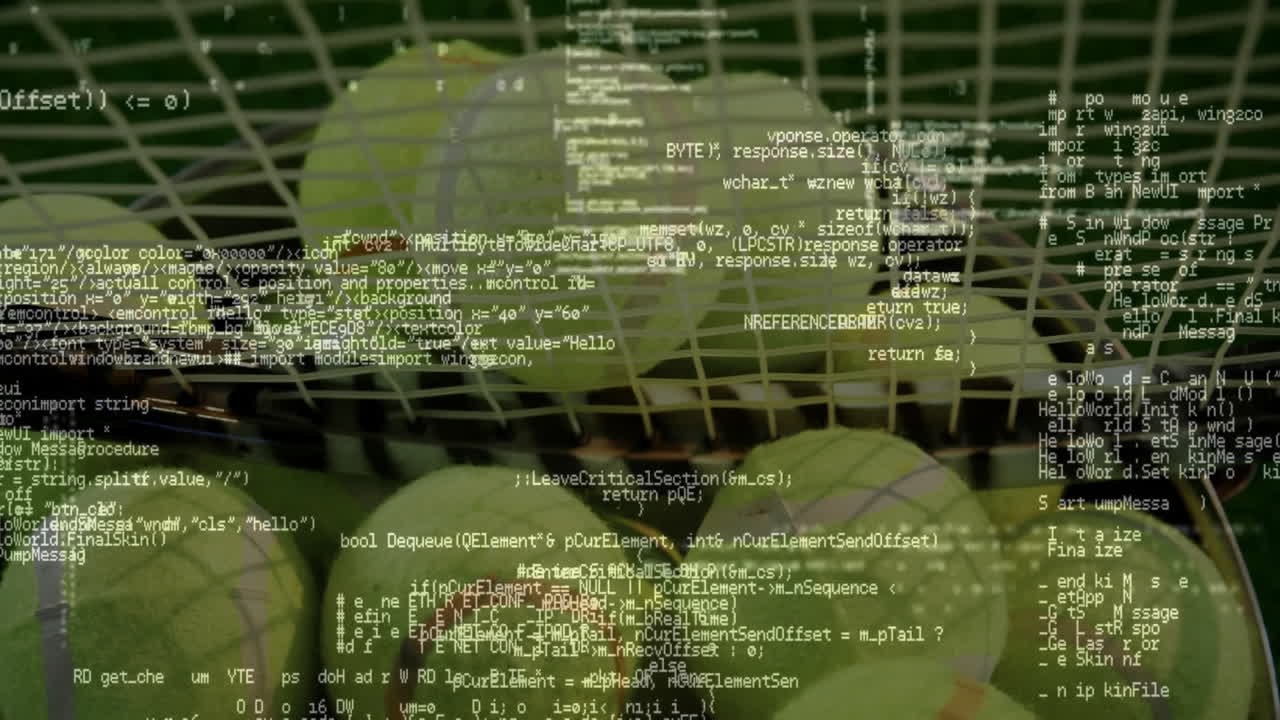 Three yellow green tennis balls being rendered behind racket strings with tech code overlay in 3D