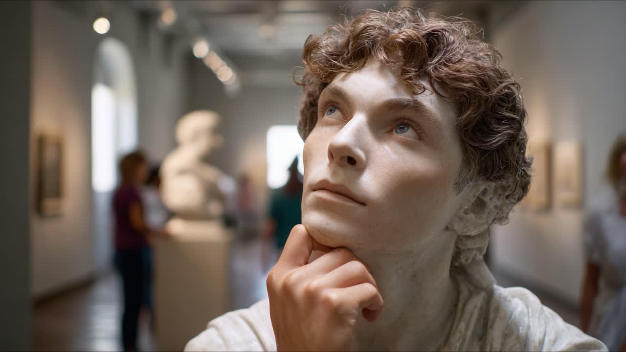 Scultura pensierosa che contempla la vita in una galleria d'arte con visitatori che apprezzano le opere d'arte in un'esperienza culturale coinvolgente.