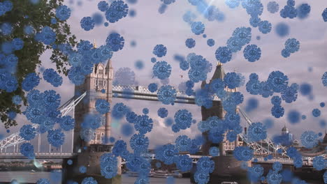 animation of covid 19 viruses over cityscape