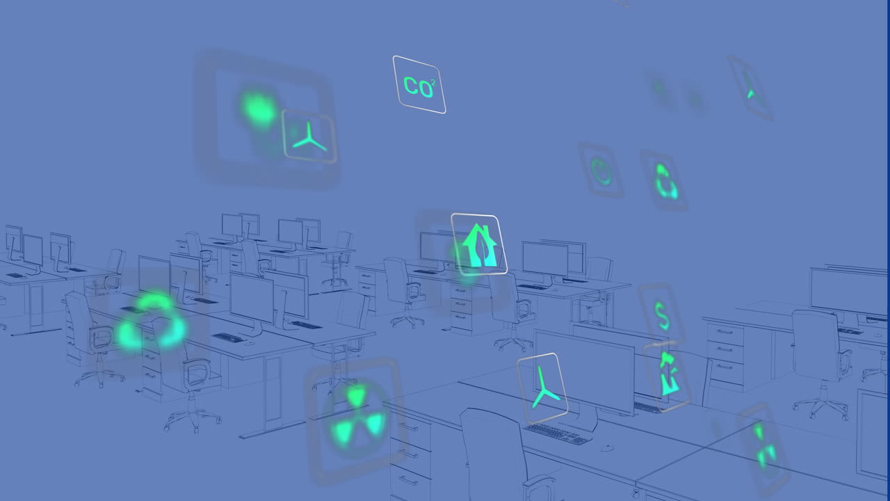Animation of sustainable icons floating over digital workspace in office