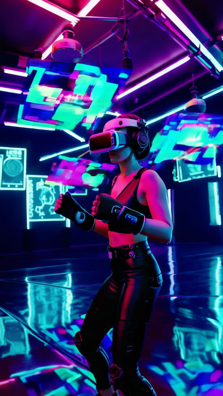 Donna immersa nel gaming in realtà virtuale in un'ambientazione cyberpunk al neon
