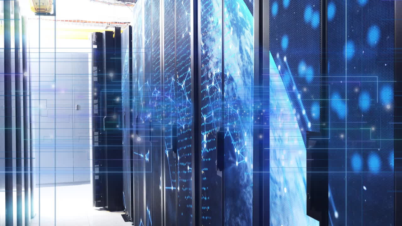 Black server racks being visualized in data center aisle, with 3D network overlay and cable trays