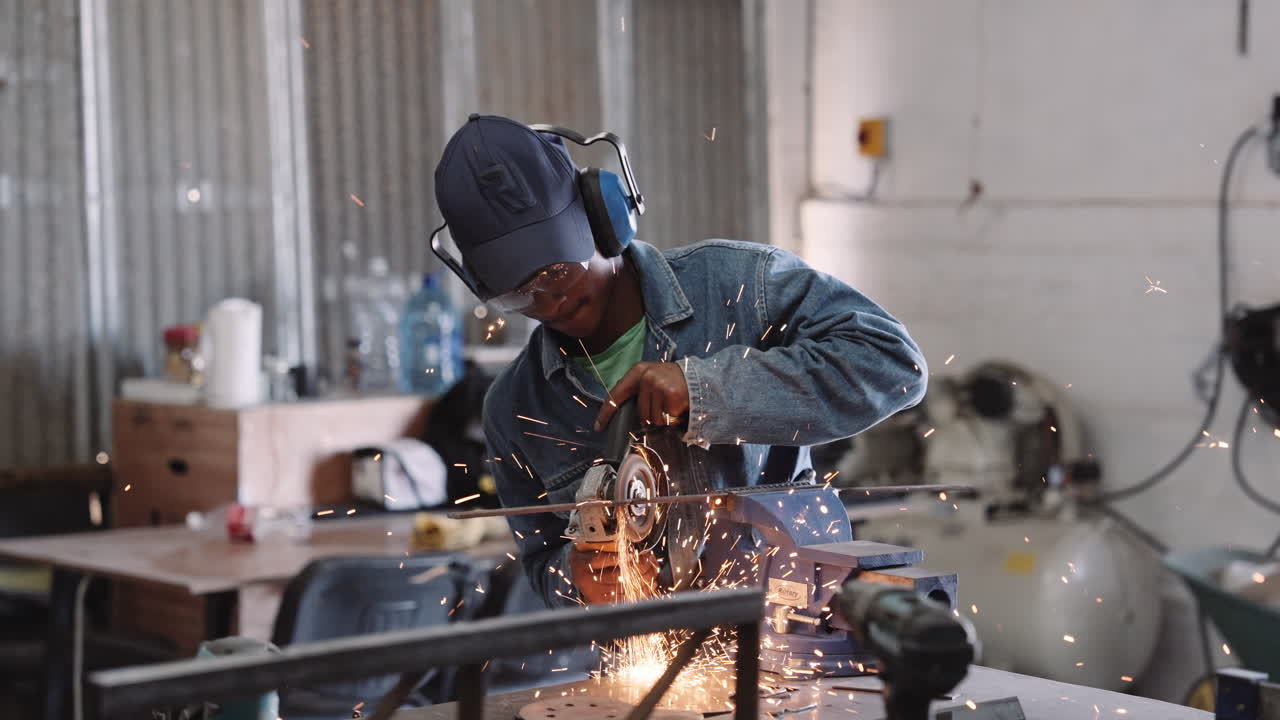 Slow motion track right of young black male working angle grinder power tool in workshop with sparks in circular spray