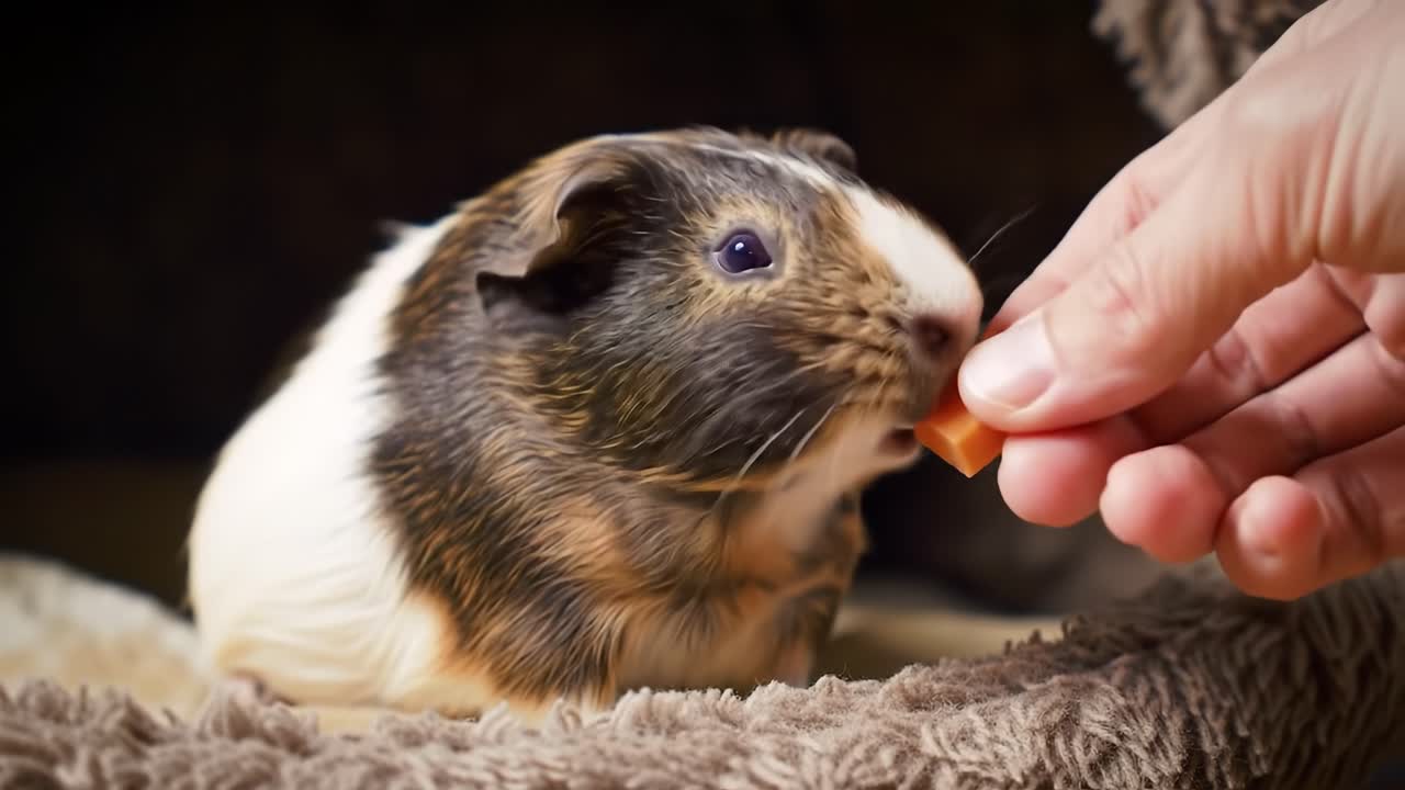 A Close-Up Journey into the Life of a Curious Guinea Pig Engaged with Its Owner Who is Offering a Treat in a Cozy Environment Filled with Comfort