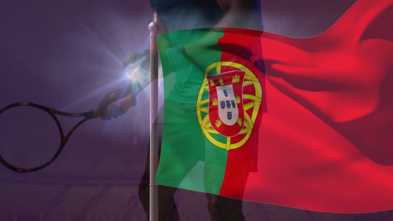 Holding racket, tennis player with Portuguese flag animation in dynamic motion