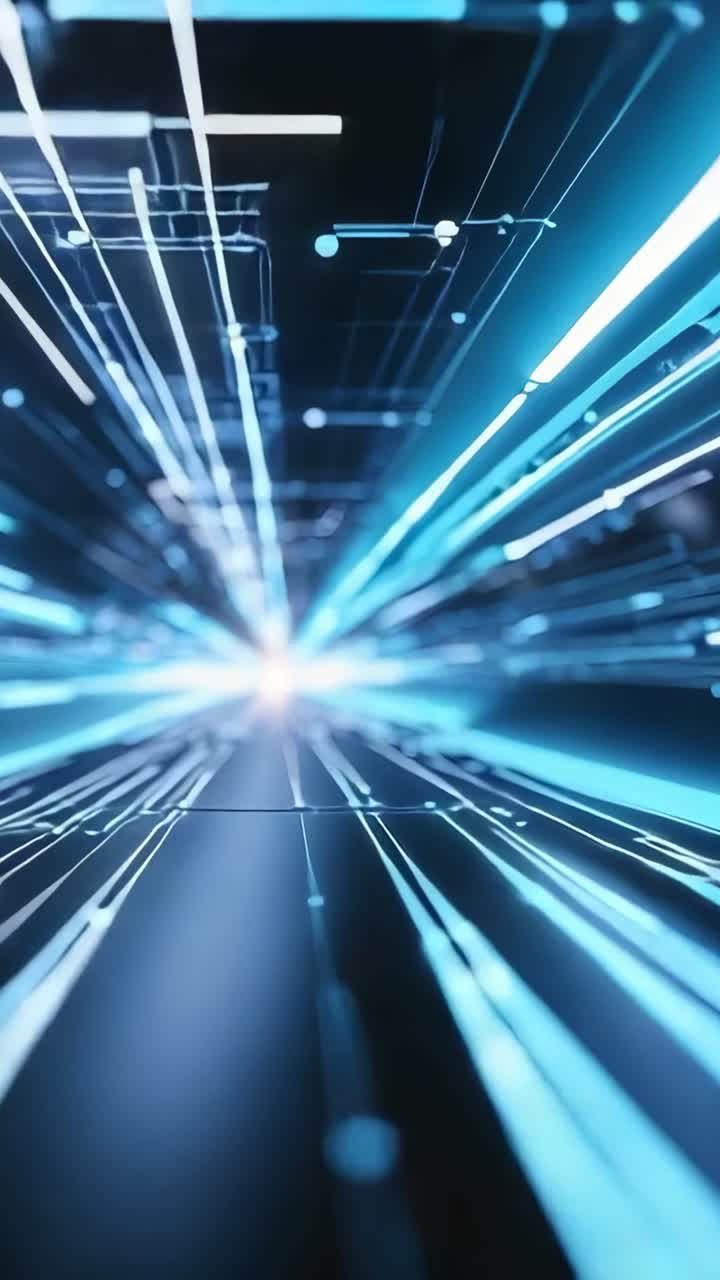 Video verticale: tunnel emergente che sfreccia in un corridoio digitale con nodi, scie luminose e griglie