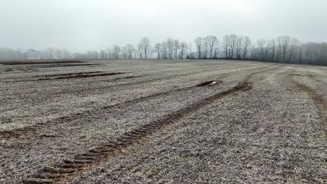 tractor tracks in field in winter, farm life, yadkin county nc, north carolina