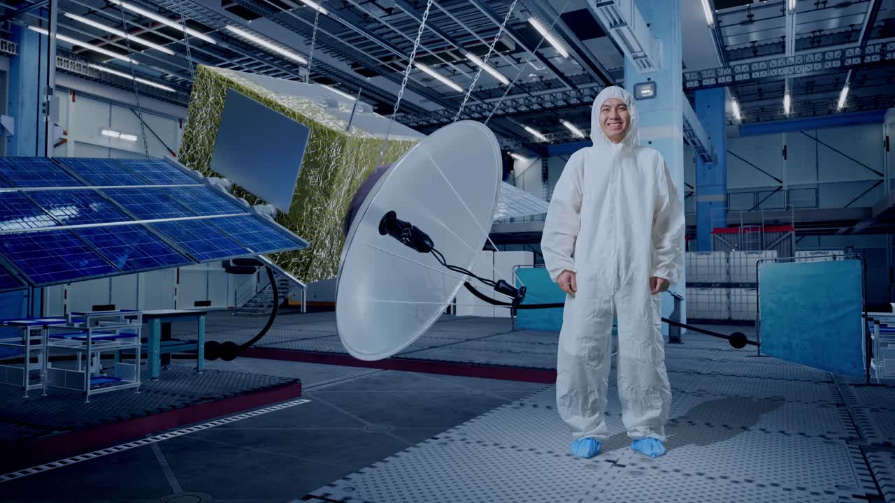 cuerpo lleno de científico masculino asiático sonriendo con la construcción de naves espaciales