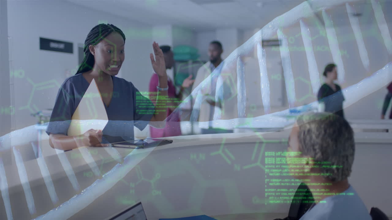 Animation of dna strand and data processing over diverse doctors in hospital