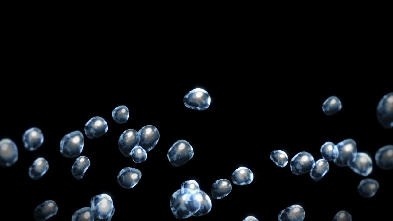 검은 바탕에 많은 물방울이 날아가고, 순수한 물방울, 투명한 표면, 공기 거품이 회전하는 3d 애니메이션, 루프 애니메이션.