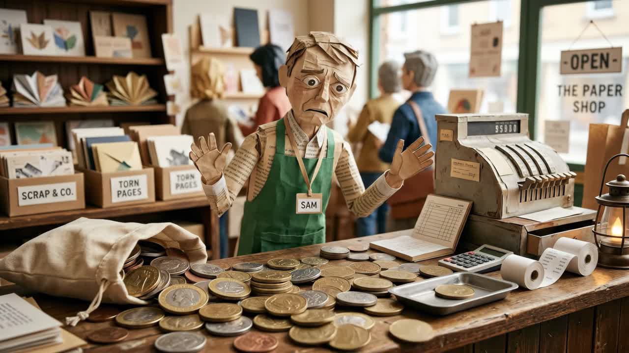 Paperiaskarteluliikkeen myyjä laskee kolikoita vanhanaikaisessa myymälässä
