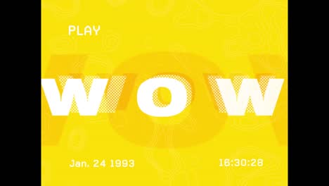 Animation-of-white-wow-text-with-glitch-on-changing-screens