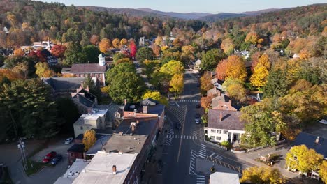 new england, woodstock vermont in autumn high aerial pullout