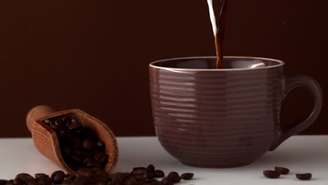 milk pouring into brown coffee cup