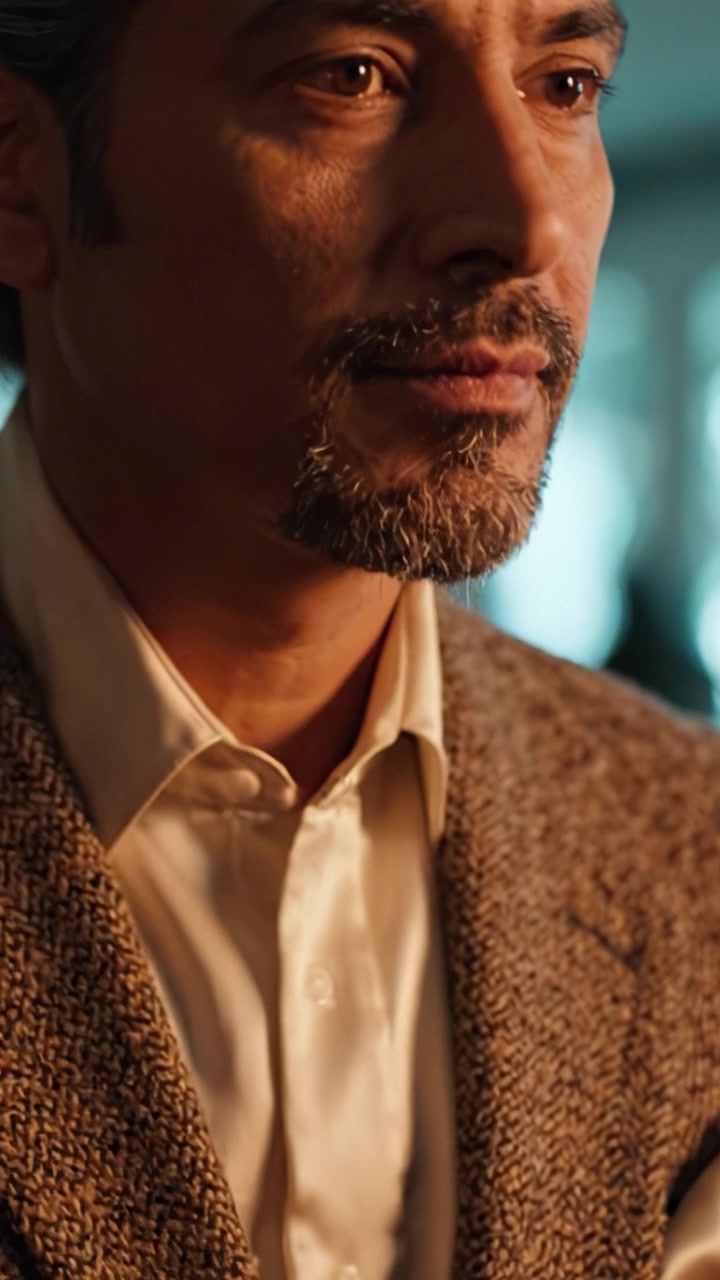 Un uomo contemplativo si sistema l'abito, mettendo in mostra un momento pensieroso pieno di introspezione e stile, catturato in due fotogrammi di una sequenza video visivamente ricca