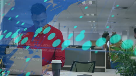 animation of world map and data processing over diverse business people in office