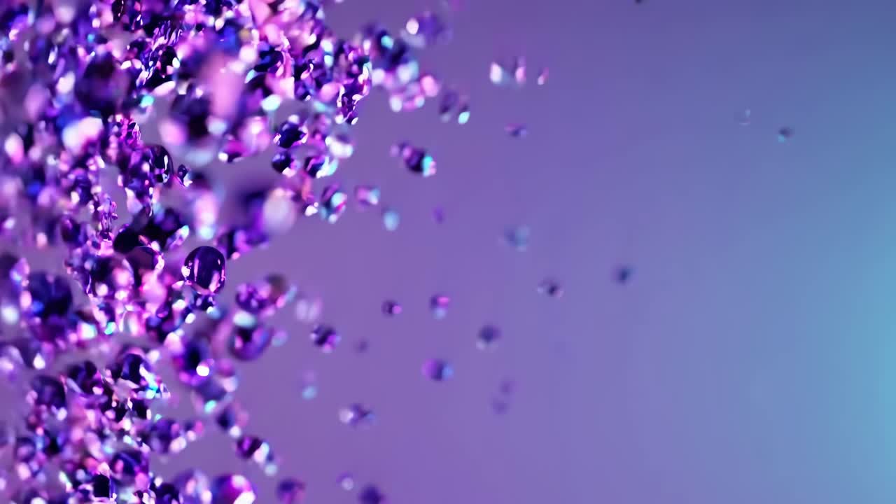 Close-up video of purple crystals cascading in slow motion against a gradient background