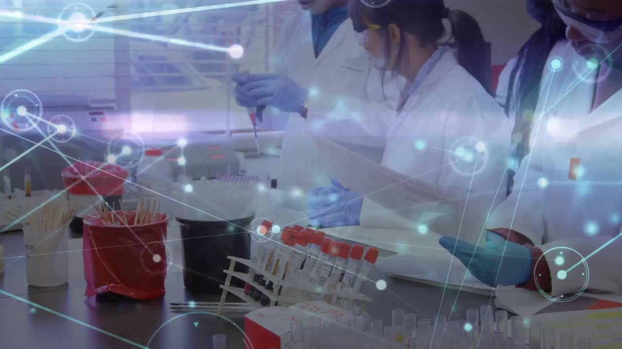 animación del procesamiento de datos sobre diversos médicos haciendo experimentos