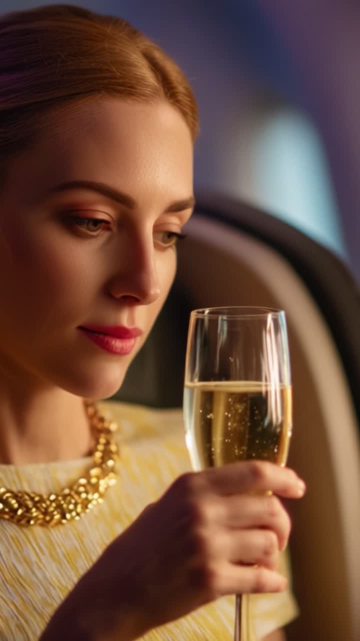 Donna Elegante che Sorseggia Champagne in un Ambiente Lussuoso, Emanando Sofisticazione e Grazia con un Bicchiere di Bollicine, Riflettendo su un Elegante Viaggio Futuro