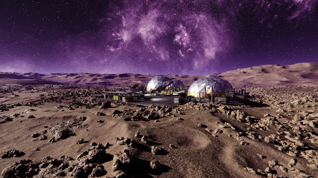 Barren lunar terrain under violet sky with glowing nebula and quiet solitude