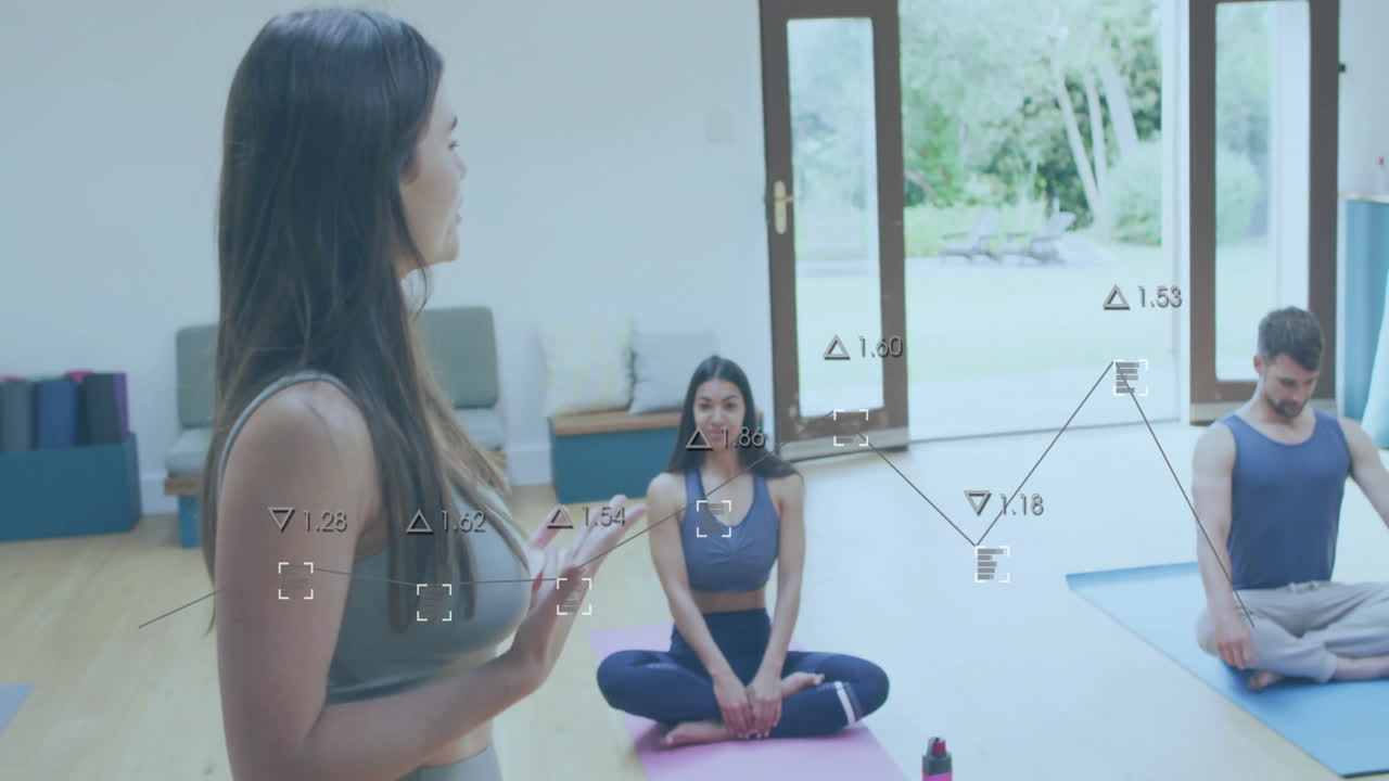 요가를 연습하는 다양한 사람들의 데이터 처리의 애니메이션