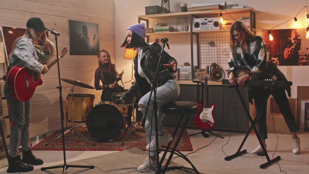 Girl Band Getting Ready For Performing