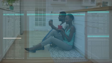 animación de acceso a datos de terminal sobre personas sentadas en el suelo utilizando dispositivos