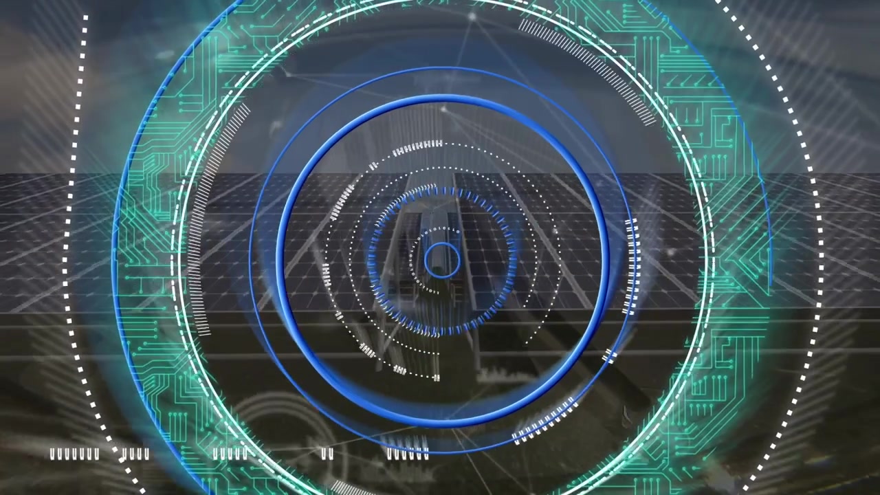 Animation of processing circle and connections over solar panels