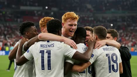 a thrilling moment of victory: celebrating team spirit and unity in a high-stakes match, where every player comes together in pure excitement and joy