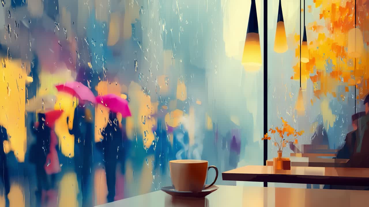 A Cozy Coffee Shop on a Rainy Day: A Tranquil Scene Featuring Steaming Coffee, Vibrant Umbrellas, and the Soft Glow of Hanging Lights in a Window View