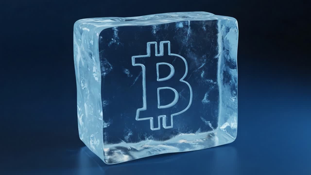 Visual Representation of Cryptocurrency: An Ice Block Engraved with Bitcoin Symbol Showcasing the Intersection of Digital Finance and Artistry