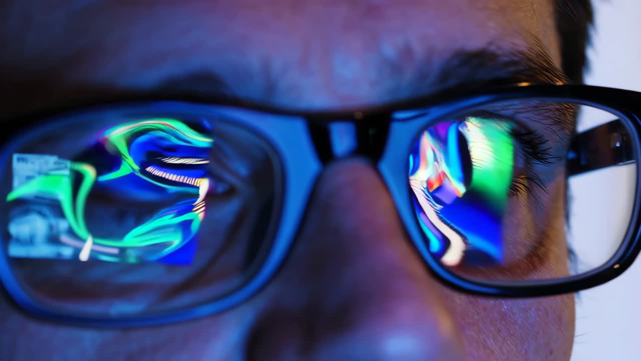 Close-up of eyes with colorful abstract reflections in glasses