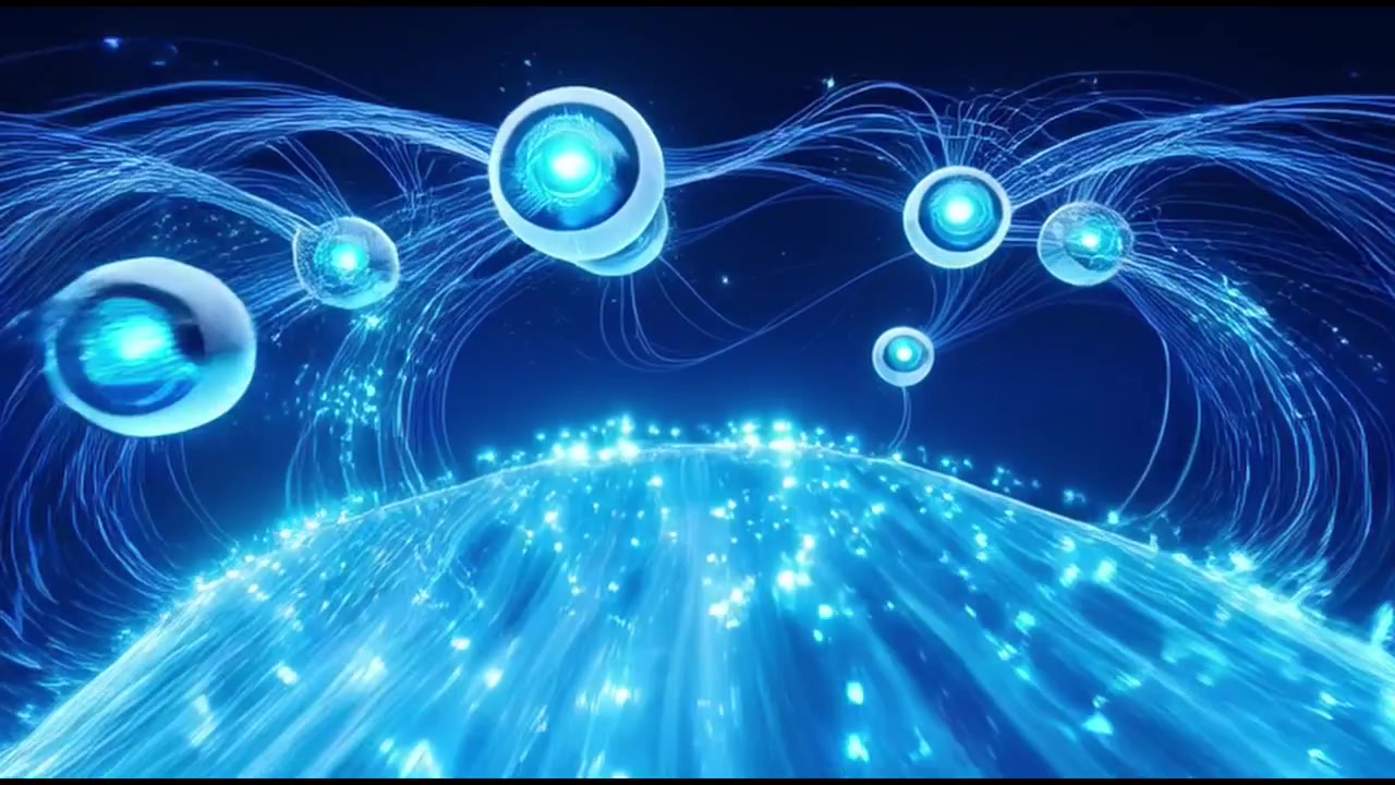 Abstract Digital Network Flow with Glowing Blue Spheres and Light Trails