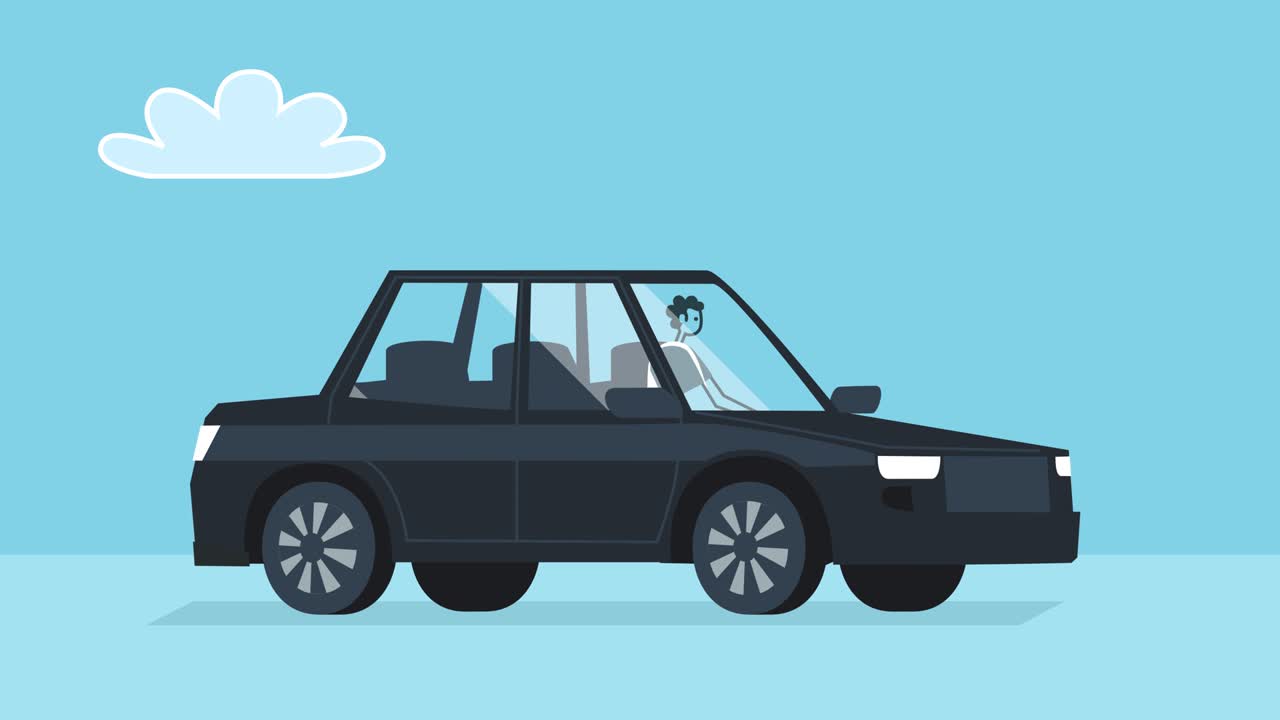 블랙카를 타는 남자: 평평한 디자인의 만화 자동차와 캐릭터 고립 루프 2d 애니메이션