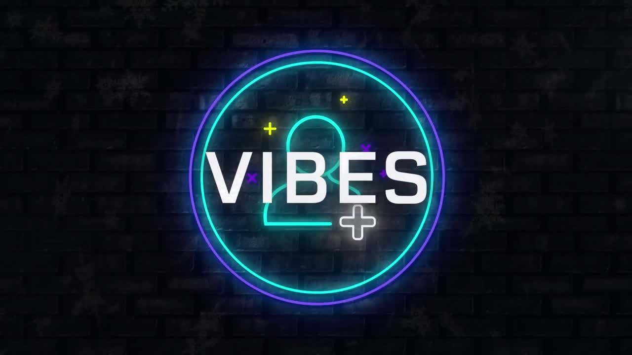 animación de vibraciones texto y icono de perfil sobre banner redondo de neón contra el fondo de la pared de ladrillo