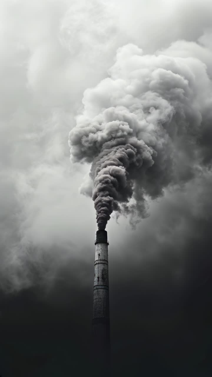 Dramatic low-angle shot of a smokestack emitting thick smoke against a cloudy sky