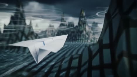 a paper airplane soaring above a surreal landscape of mountains and whirling clouds, capturing a moment of imagination and flight in a dreamlike environment