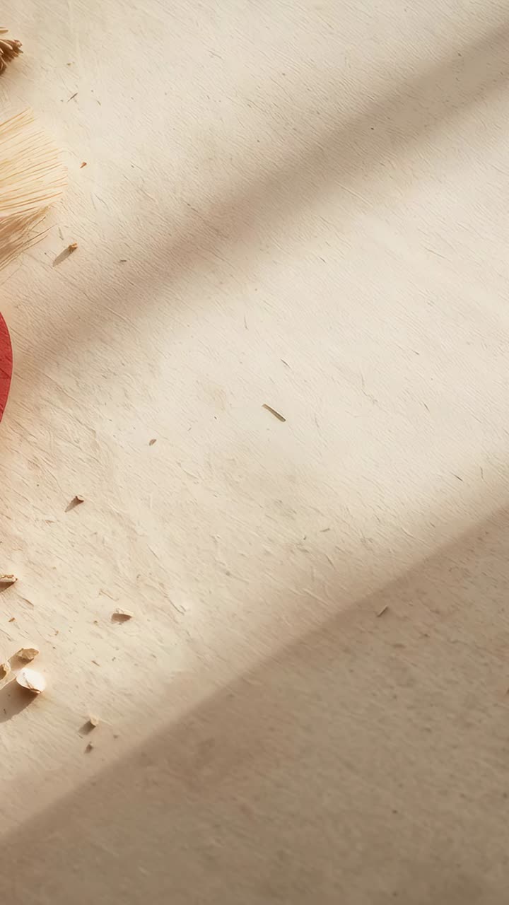Video verticale: inquadratura della camera variabile, tavolo beige vicino alla finestra, ripresa di nappa, cerchio rosso, trucioli
