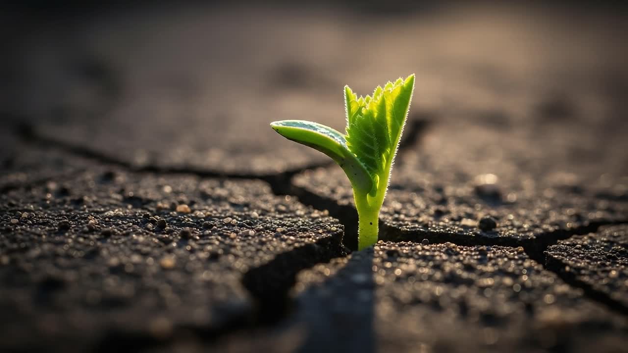 A Resilient Green Sprout Breaking Through Cracked Soil, Symbolizing Hope and Renewal in a Harsh Environment Under Soft Morning Light