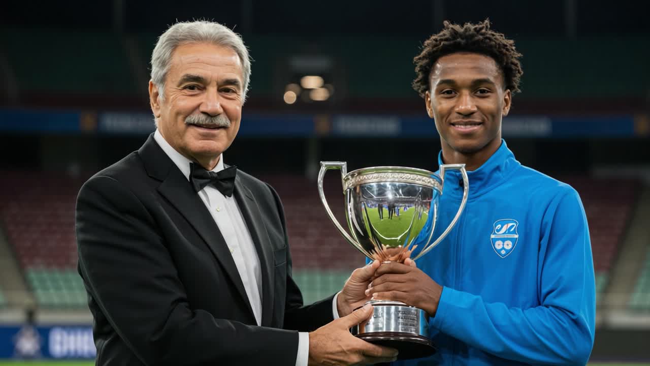 Joyful Celebration of Achievement: A Young Athlete Receiving a Prestigious Trophy from a Distinguished Presenter in a Grand Venue, Signifying Triumph and Sportsmanship