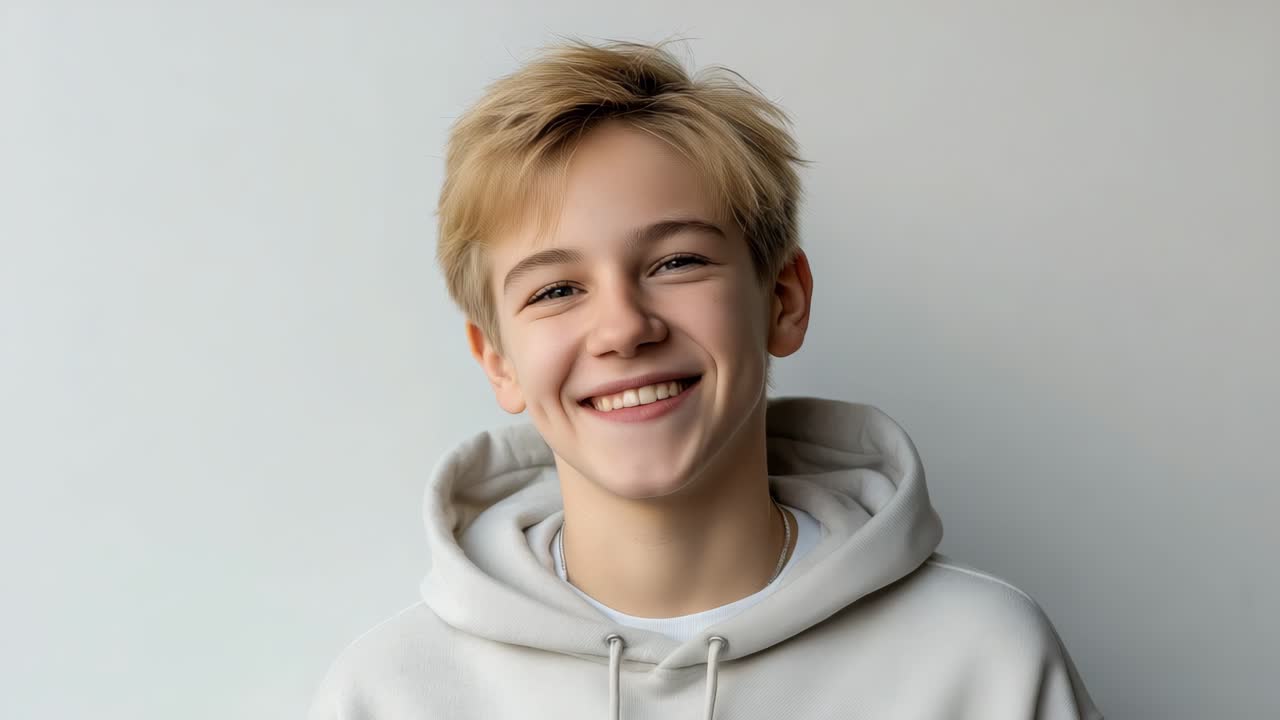 Young boy with blonde hair smiles warmly in a soft hoodie, radiating joy and positivity, creating an inviting atmosphere of happiness and connection